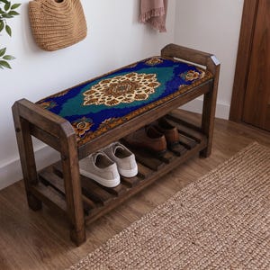 Royal Blue Ottoman Ornamental Shoe Rack Bench | Narrow Entryway Shoe Storage | Boho Turkish Handmade image 2