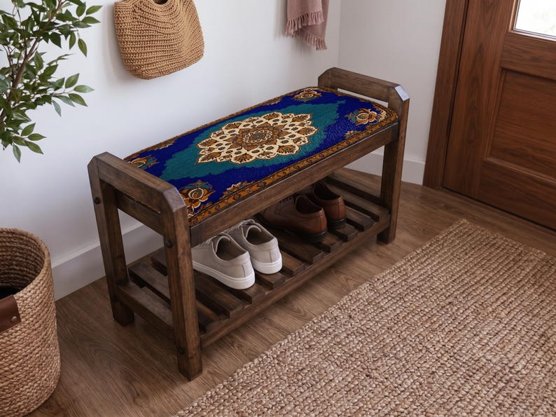 Royal Blue Ottoman Ornamental Shoe Rack Bench | Narrow Entryway Shoe Storage | Boho Turkish Handmade image 2