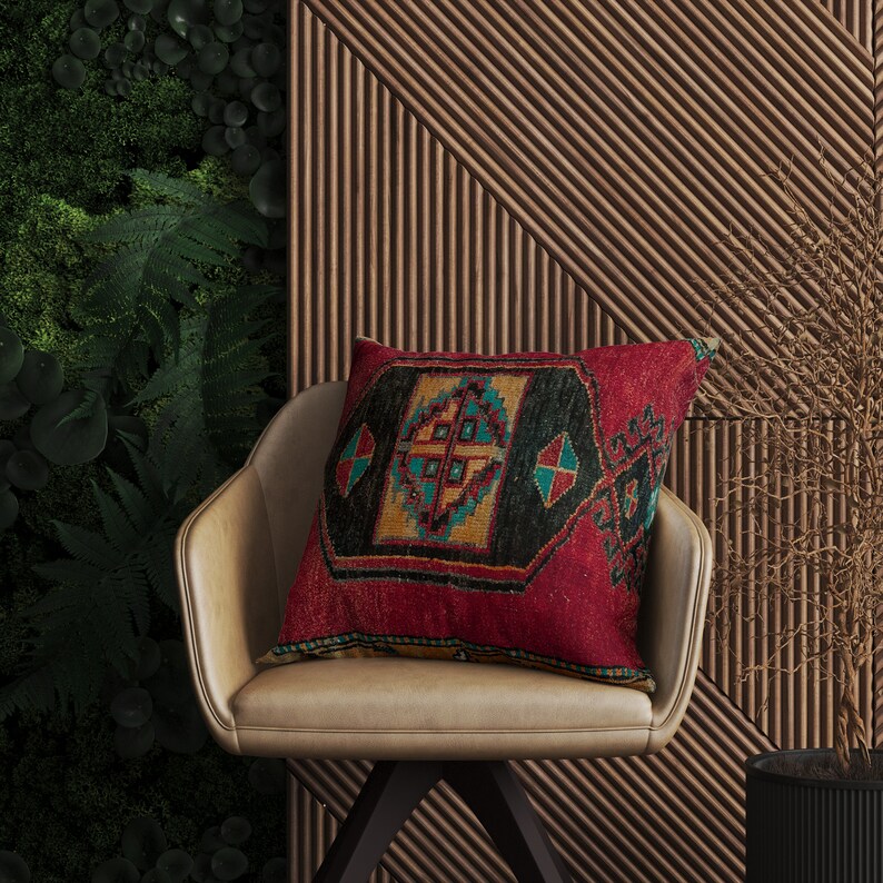 oushak pillow cover, tribal pillow, primitive pillow, printed on fabric, anatolian pillow, red cushion, kilim pattern pillow, RS 959-0