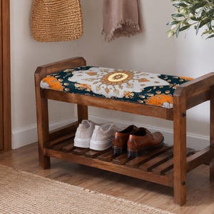 Teal Grand Sunburst Shoe Rack Bench | Narrow Entryway Shoe Storage | Boho Turkish Handmade image 9