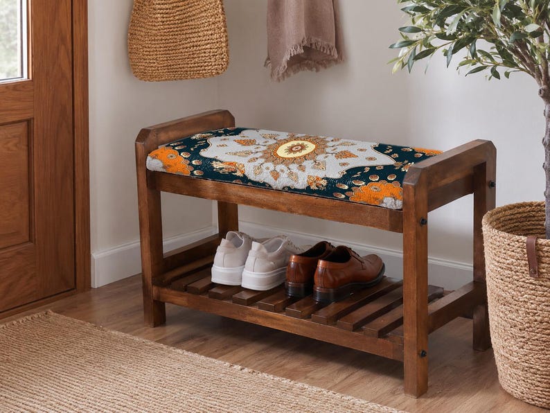 Teal Grand Sunburst Shoe Rack Bench | Narrow Entryway Shoe Storage | Boho Turkish Handmade image 9
