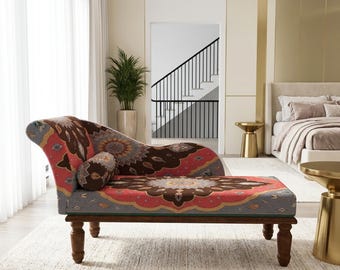 Brown Coral Medallion Chaise Lounge | Bohemian Bedroom Vintage Ethnic Settee, RS 754