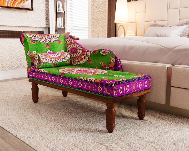 a vibrant, colorful, and intricately patterned armchair with a green and purple design, placed in a bedroom setting.