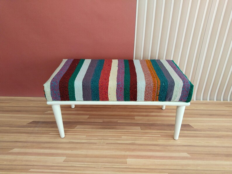 Colorful Kilim Bench | Handwoven Vintage Rug Ottoman | Eclectic Entryway Seating image 10