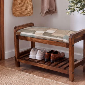 Sage Patchwork Plaid Wooden Shoe Bench | Entryway Decorative Cabinet