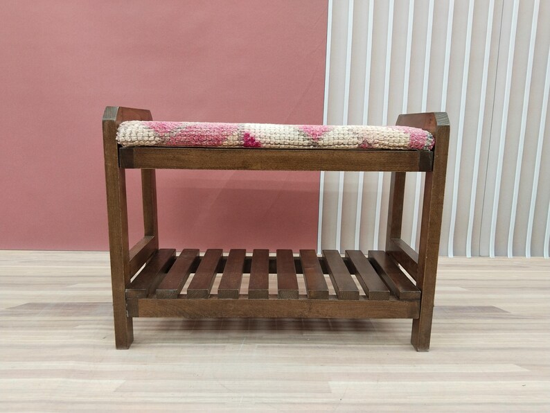 Handmade wooden bench, Kilim upholstered shoe organizer, Rustic storage ottoman, Entryway step stool, Mudroom shoe rack, RS Stepstool 59