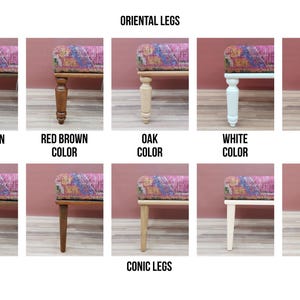 The image is a collage of nine different color variations of oriental legs, each with a corresponding color and description.
