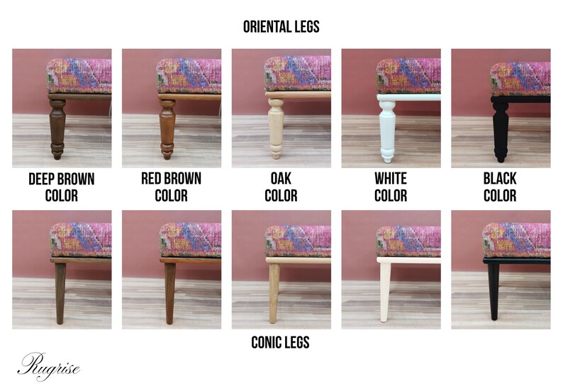 The image is a collage of nine different color variations of oriental legs, each with a corresponding color and description.