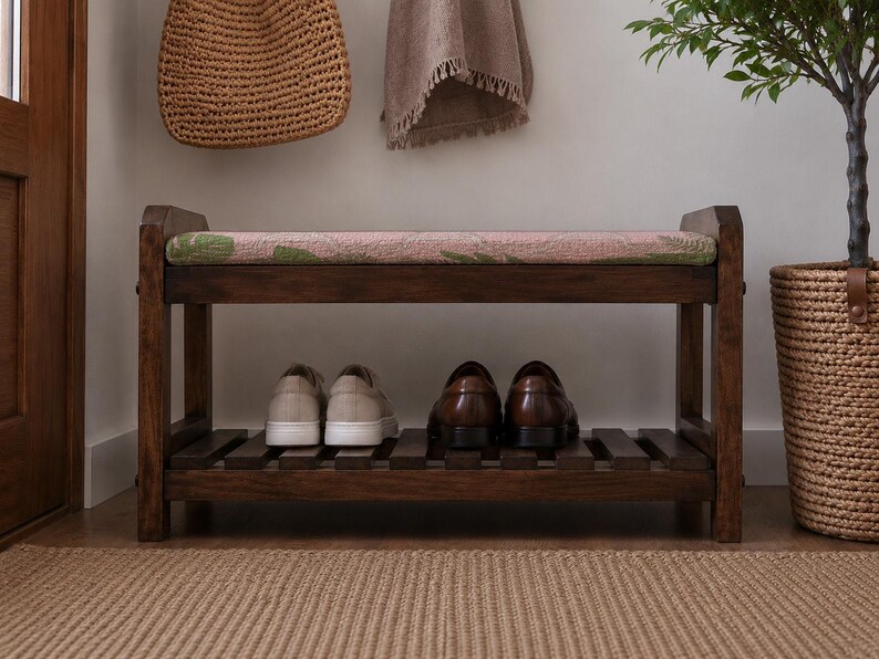 Blush Aztec Zigzag Shoe Rack Bench | Narrow Entryway Shoe Storage | Boho Turkish Handmade image 5
