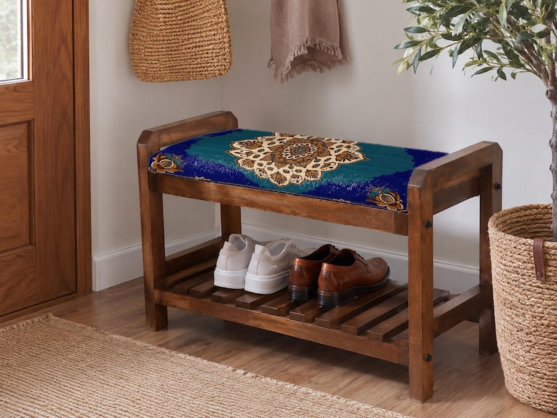 Royal Blue Ottoman Ornamental Shoe Rack Bench | Narrow Entryway Shoe Storage | Boho Turkish Handmade image 1