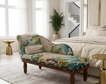Teal Gold Peacock Chinoiserie Chaise Lounge | Luxury Bedroom Daybed Sofa, RS 677