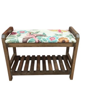 Cream Spring Garden Shoe Rack Bench | Narrow Entryway Shoe Storage | Boho Turkish Handmade