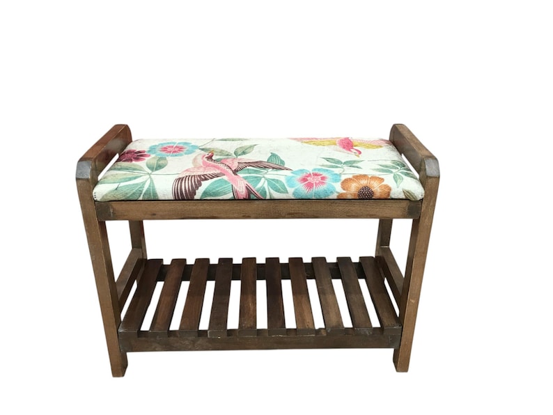 Cream Spring Garden Shoe Rack Bench | Narrow Entryway Shoe Storage | Boho Turkish Handmade