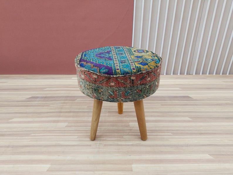Pouf stool, Vintage rug stool, Tripod stool, Upholstered bench, Vanity table stool, Shoe stool, Ottoman for bedroom, Bathroom stool, RSY 12