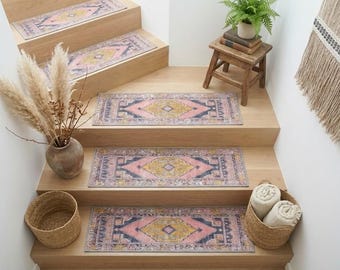 pink step rug, non-slip runner rug, stair treads rug, ethnic rug, washable runner mat, classic style rug, easy to clean runner mat, RS 57-0