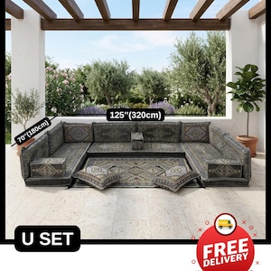 May include: A U-shaped outdoor seating set with a patterned design in shades of gray and gold. The set measures 125 inches (320cm) wide and 70 inches (180cm) deep. The text "U SET" is visible.