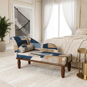 Modern Blue Brown Geometric Chaise | Abstract Patchwork Lounge Chair, RS 95