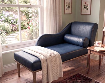 Hand Crafted Navy Blue Faux Leather Chaise Lounge | Boho Home Decoration