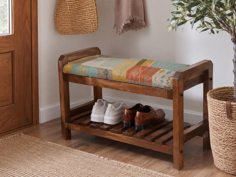 Cream Tribal Print Shoe Rack Bench | Living Room Storage Bench | Boho Turkish Handmade image 1
