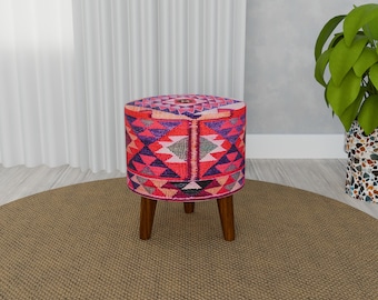 Boho pouf, Pink red pouf, Bohemian seat, Turkish rug pattern ottoman, Kilim pattern footrest, Handmade pouf, Upholstered pouf, RS 51-01