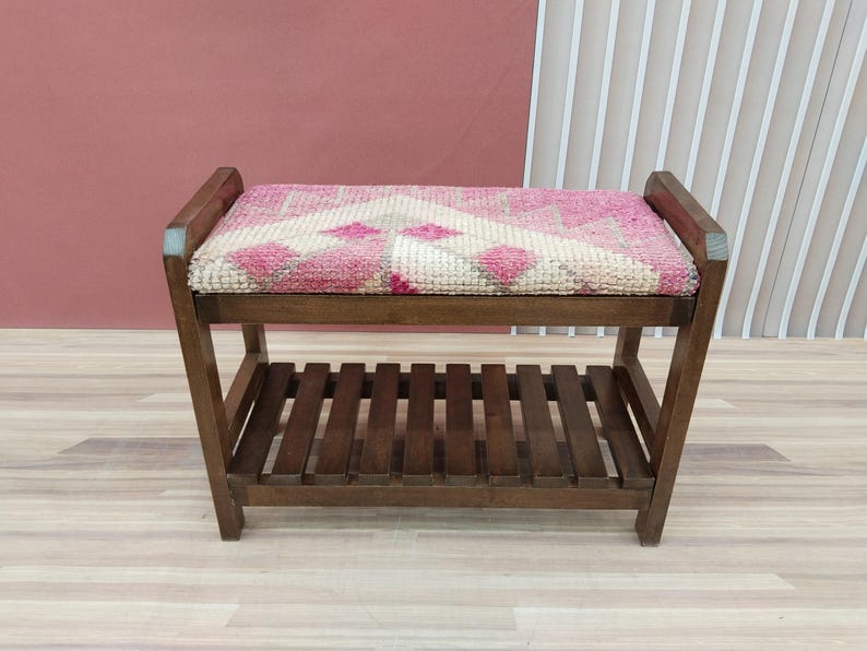 Handmade wooden bench, Kilim upholstered shoe organizer, Rustic storage ottoman, Entryway step stool, Mudroom shoe rack, RS Stepstool 59