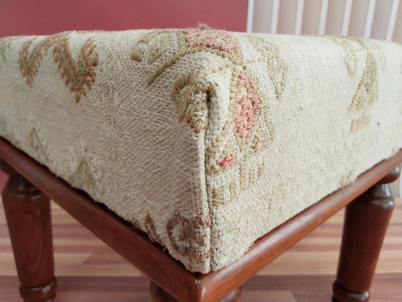 Ivory Geometric Motif Square Bench | Boho Entryway Shoe Ottoman Pouf image 9