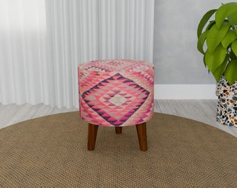 Pink decorative footstool, Ethnic design rug, Ottoman footrest, Functional pouf stool, Ottoman piano seat, Chic bench,  Bedroom pouf, RS 70