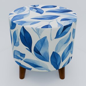 Leaf pattern bench, Blue white pouf, Heartwarming gift, Round footstool, Livingroom furniture, Entryway shoe bench, Round mid table, RS 207