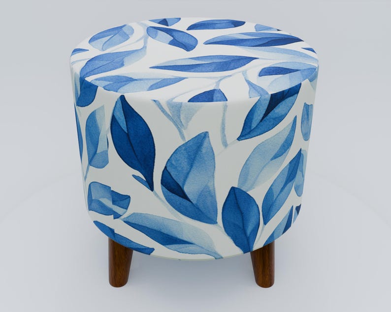 Leaf pattern bench, Blue white pouf, Heartwarming gift, Round footstool, Livingroom furniture, Entryway shoe bench, Round mid table, RS 207