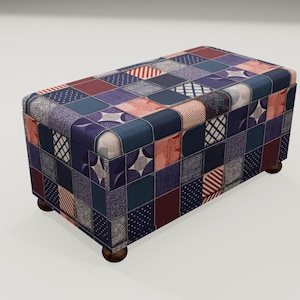 Patchwork Pattern Fabric Storage Ottoman | Bedroom Seating Trunk Chest, RS 140