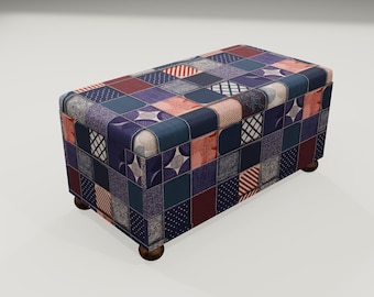 Patchwork Pattern Fabric Storage Ottoman | Bedroom Seating Trunk Chest, RS 140