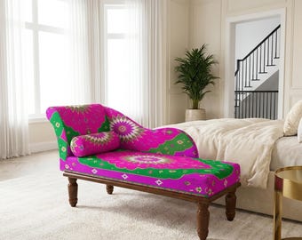 Fuchsia Green Mandala Chaise Lounge | Dressing Room Ornate Daybed Sofa, RS 770