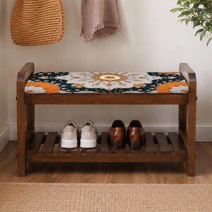 Teal Grand Sunburst Shoe Rack Bench | Narrow Entryway Shoe Storage | Boho Turkish Handmade image 4