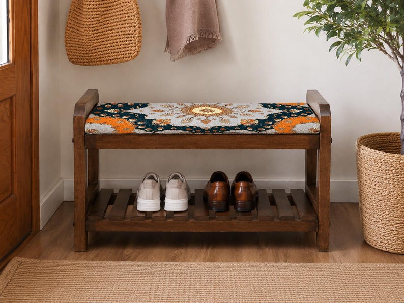 Teal Grand Sunburst Shoe Rack Bench | Narrow Entryway Shoe Storage | Boho Turkish Handmade image 4