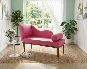Asiento con acento rosa intenso, Sillón de madera, Decoración acogedora para el hogar, Muebles modernos, Silla tapizada, Sofá pequeño, Chaise longue desmayada