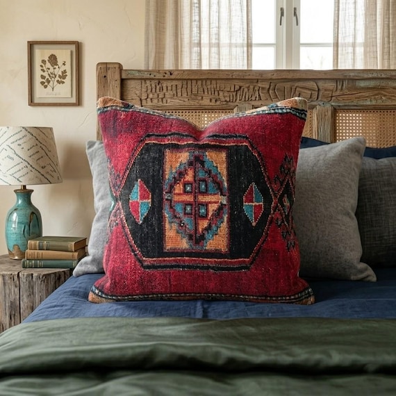 oushak pillow cover, tribal pillow, primitive pillow, printed on fabric, anatolian pillow, red cushion, kilim pattern pillow, RS 959-0
