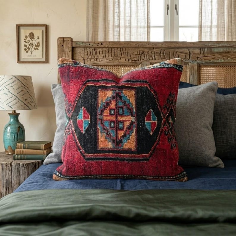 oushak pillow cover, tribal pillow, primitive pillow, printed on fabric, anatolian pillow, red cushion, kilim pattern pillow, RS 959-0