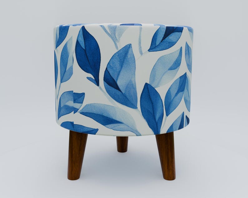 Leaf pattern bench, Blue white pouf, Heartwarming gift, Round footstool, Livingroom furniture, Entryway shoe bench, Round mid table, RS 207