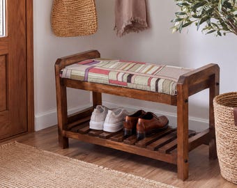 Cream Boho Stripe Wooden Shoe Bench | Hallway Durable Storage