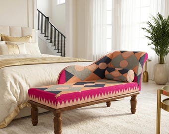 Pink Orange Geometric Chaise Lounge | Modern Bedroom Abstract Elegant Daybed, RS 752