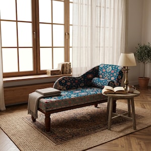 Dark Teal Floral Chaise, Vintage Ethnic Rug Bench, RS 568
