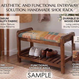 Teal Coral Sunburst Shoe Rack Bench | Narrow Entryway Shoe Storage | Boho Turkish Handmade image 6