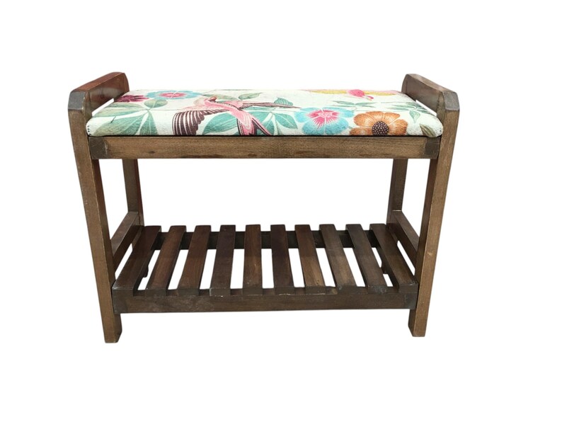 Cream Spring Garden Shoe Rack Bench | Narrow Entryway Shoe Storage | Boho Turkish Handmade