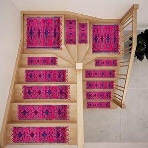 Fuchsia Purple Stair Treads | Ethnic Tribal Landing Rug | Easy Clean Step Carpet image 1