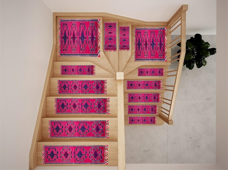 Fuchsia Purple Stair Treads | Ethnic Tribal Landing Rug | Easy Clean Step Carpet image 1