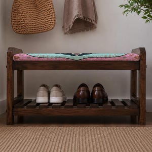 Banco zapatero estilo bohemio con roseta color turquesa / Almacenamiento de zapatos para entrada estrecha / Hecho a mano en Turquía estilo bohemio imagen 5