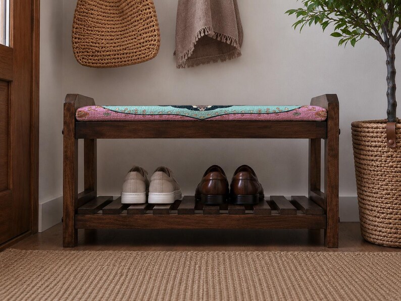 Banco zapatero estilo bohemio con roseta color turquesa / Almacenamiento de zapatos para entrada estrecha / Hecho a mano en Turquía estilo bohemio imagen 5