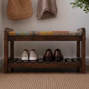 Cream Tribal Print Shoe Rack Bench | Living Room Storage Bench | Boho Turkish Handmade image 5
