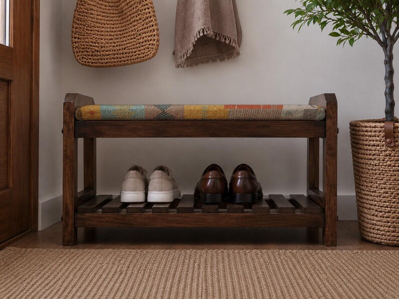 Cream Tribal Print Shoe Rack Bench | Living Room Storage Bench | Boho Turkish Handmade image 5
