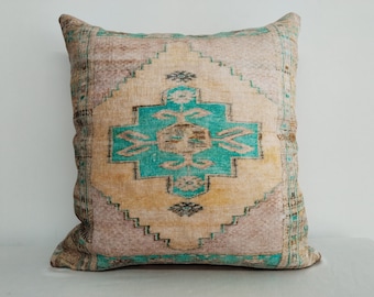 May include: A decorative pillow with a turquoise and beige patterned design. The pillow is made from a soft, woven fabric and has a square shape.